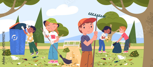 Children clean up park. School kids volunteers cleaning city garden outdoor, child collect litter in trash bag cleanup garbage eco environment protection classy vector illustration