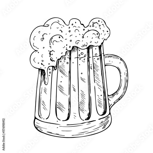 Vector Glass of beer with cap of foam. Graphic ink ale illustration isolated on background. Hand drawn line sketch. For designers, prints, logo, menu, postcards, wrapping paper, holiday, covers