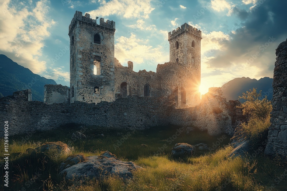 Sunset illuminates ancient castle ruins in a tranquil mountain landscape Sunset illuminates ancient castle ruins in a tranquil mountain landscape