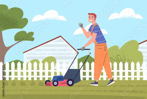 Man lawn mowing. Gardener with lawnmower mow grass on backyard green nature landscape, garden maintenance work professional gardeners, cartoon gardening classy vector illustration