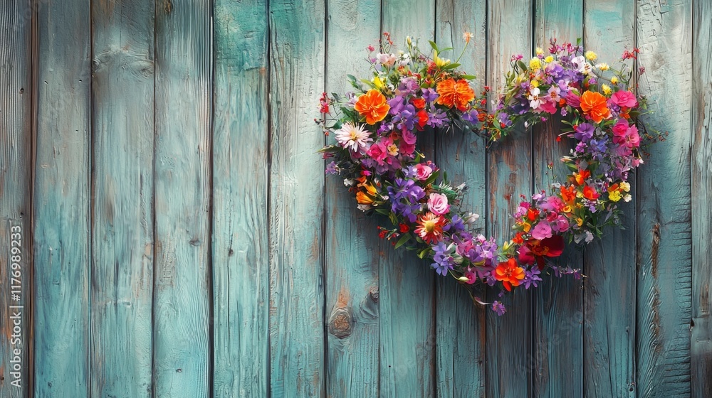 A vibrant wreath crafted from assorted flowers forms a heart shape against a rustic wooden backdrop, ideal for Valentine's Day decorations and celebrations A vibrant wreath crafted from assorted flowers forms a heart shape against a rustic wooden backdrop, ideal for Valentine's Day decorations and celebrations