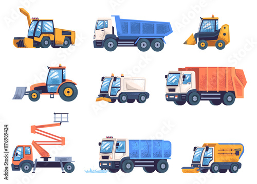 City cleaning machines. Urban municipal emergency cars, technic garbage truck street sweeper for wash roads, auto vehicle cleaners tractors cartoon set classy vector illustration