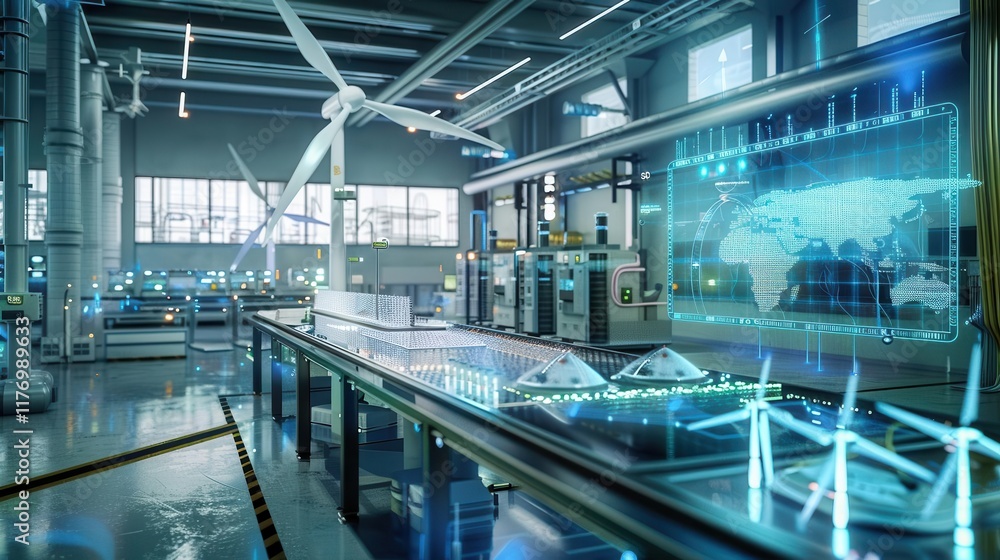 Fototapeta premium A modern industrial facility featuring wind turbines and advanced technology for manufacturing.