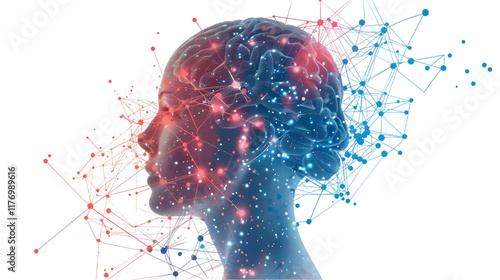 Human head connect to artificial intelligence brain with circuit line isolated on a transparent background