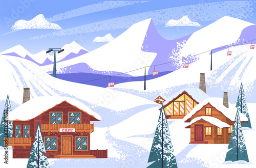 Ski resort landscape. Snowy mountain with skier track slope hill and hotel chalets, winter holiday snow village cartoon scenery skiing snowboard trip, classy vector illustration