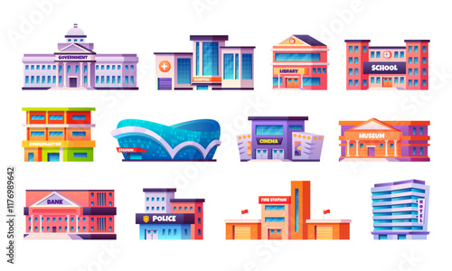 City municipal buildings. Government department building, school public library hospital police station cinema hall, municipality architecture exterior swanky vector illustration