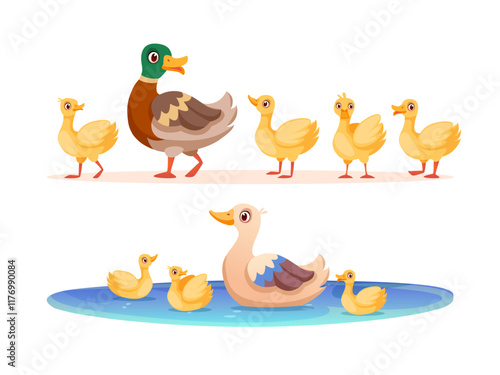 Mother duck. Cute ducks mom and row ducklings swimming in pond, wild or poultry baby animal bird family walking, cartoon funny children young ducky group swanky vector illustration