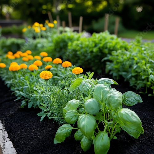 Herb and flower garden with companion planting, including marigolds and basil for a practical design