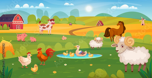 Farm animals yard. Cartoon barnyard scene with walking farming animal domestic pets outside barn, farmyard pasture livestock cow lamb pig chicken group, swanky vector illustration