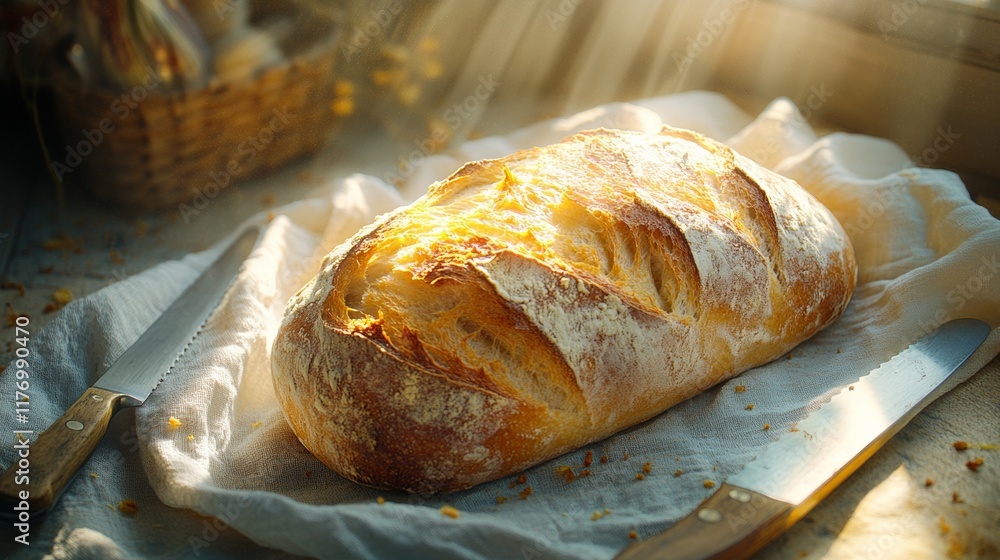Rustic Sourdough Bread in Cozy Kitchen Setting with Soft Natural Light Rustic Sourdough Bread in Cozy Kitchen Setting with Soft Natural Light
