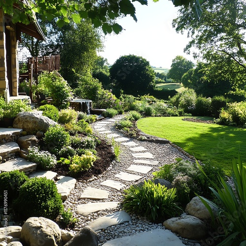 Home garden with a small watermill feature and stonelined pathways photo