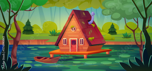 Swamp house. Stilt wooden hut boat in wild morass, witch home mysterious jungle mystic forest on pond or lake, marsh fantasy game cartoon scene landscape swanky vector illustration