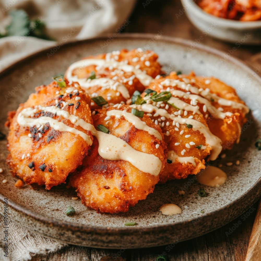 Golden Korean Gochujang Vada with Sesame Mayo and Kimchi Garnish Served on a Rustic Plate in a Warm Kitchen Setting Golden Korean Gochujang Vada with Sesame Mayo and Kimchi Garnish Served on a Rustic Plate in a Warm Kitchen Setting