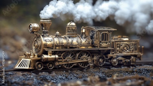 Antique, brass, miniature steam locomotive,  emitting white smoke, on a dark track,  in a forest setting. photo