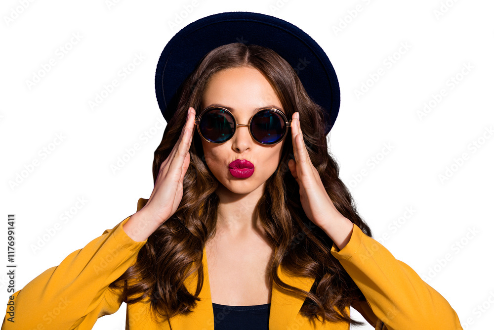 Photo of amazing fashionable lady wear stylish hat yellow costume isolated purple background Photo of amazing fashionable lady wear stylish hat yellow costume isolated purple background