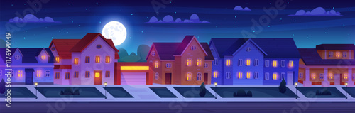 Night suburban street. Suburb neighbourhood dark evening cityscape, city village residential houses in dusk rural villa yard road home property exterior, swanky vector illustration