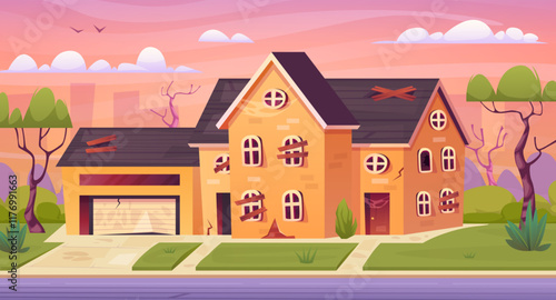 Abandoned cottage. Old dilapidated suburban house, broken mansion exterior cartoon landscape residential village housing destroyed derelict home front, swanky vector illustration