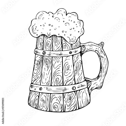 Vector old wooden mug with cap of foam. Graphic ink ale illustration isolated on background. Hand drawn line sketch. For designers, prints, logo, menu, postcards, wrapping paper, holiday, covers