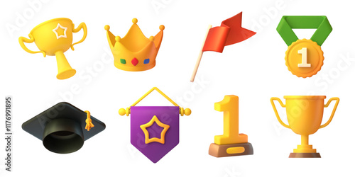 Rewards 3d render. Cartoon awards sport tournament prize, winner leadership trophy win game champion or business achievement award ceremony winning rank, garish vector illustration