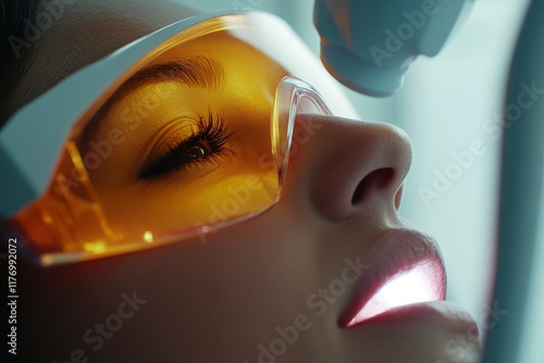 A patient wearing protective yellow glasses during a laser cosmetic procedure. photo