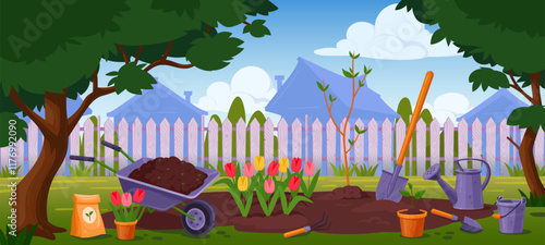 Backyard garden landscape. Spring gardening cartoon background, home back yard with fence green grass lawn tulip flowers shovel wheelbarrow, agriculture tidy vector illustration