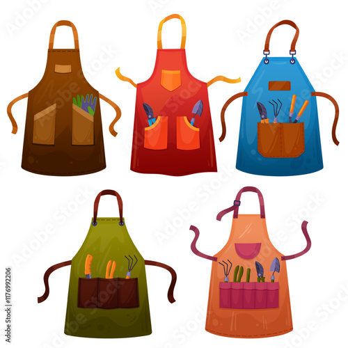 Garden aprons. Apron with gardening tools in pockets, spring agriculture clothes farm equipment gardener farmer uniform, cartoon set tidy vector illustration