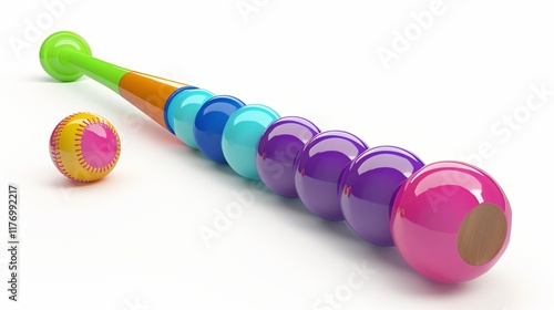 A colorful baseball bat with matching balls, isolated on a white background. photo