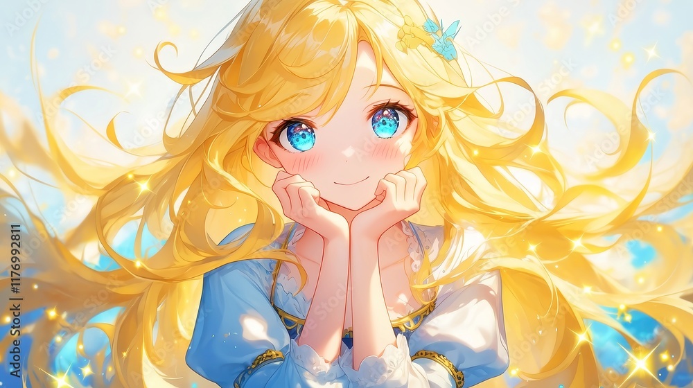 Blond-haired anime girl radiating charm, enveloped in vibrant flashes of color, exuding a playful and energetic aura, captivating with her delightful presence Blond-haired anime girl radiating charm, enveloped in vibrant flashes of color, exuding a playful and energetic aura, captivating with her delightful presence