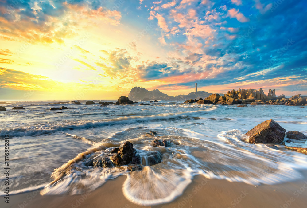 Beautiful Ke Ga Lighthouse in the morning with surf patted smoother reefs create clouds on sea as this is only ancient lighthouse is located on island in Vietnam