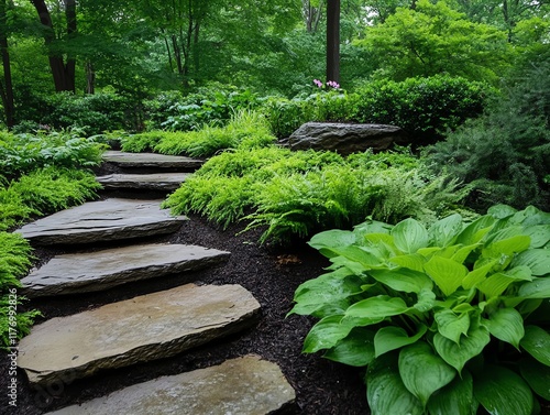 Shaded woodland garden with mossy stones, ferns, and stepping stones for a magical forestlike feel photo