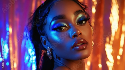 A glamorous portrait of a woman with sparkling makeup, glowing under vibrant neon lights. photo