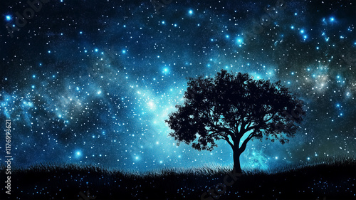 満天の星空とシルエットの木