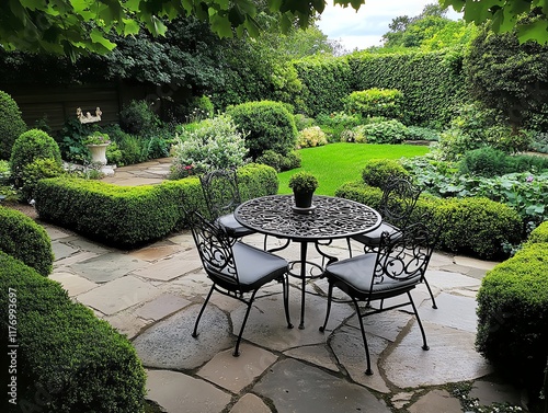 Victorianinspired garden with wrought iron furniture and structured hedges photo