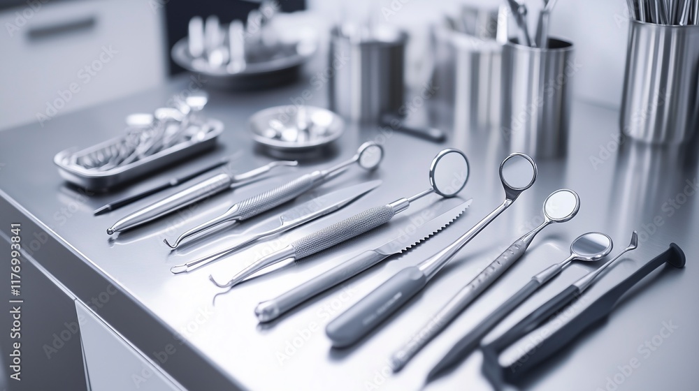 Neatly arranged dental instruments on a clean metal surface, symbolizing precision, healthcare, and the tools of modern dentistry. Neatly arranged dental instruments on a clean metal surface, symbolizing precision, healthcare, and the tools of modern dentistry.