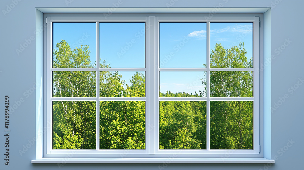 Naklejka premium Bright window view showcasing lush green trees and a clear blue sky on a sunny day