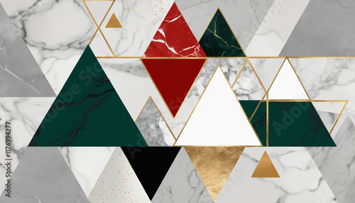  Modern abstract triangular geometric mountain design with vibrant red, green, and gold accents on a marble-textured background for decor and art. photo