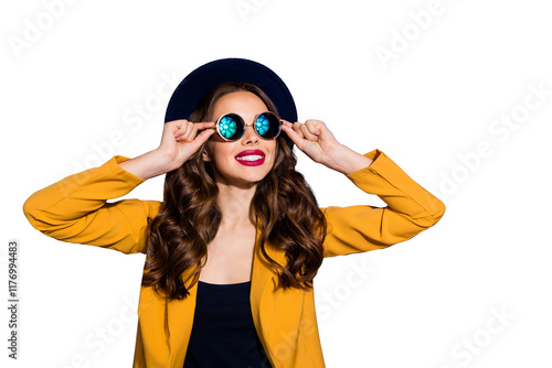 Photo of amazing lady looking far away wear stylish hat yellow costume isolated purple background photo