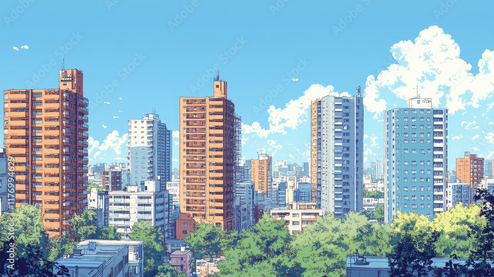 Fototapeta premium 高層ビルがたくさん立ち並ぶ街（イラスト）