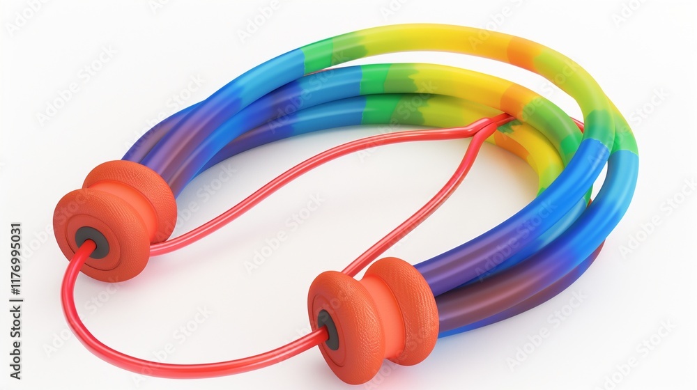 A rainbow-colored jump rope with foam handles, isolated on a white background. A rainbow-colored jump rope with foam handles, isolated on a white background.