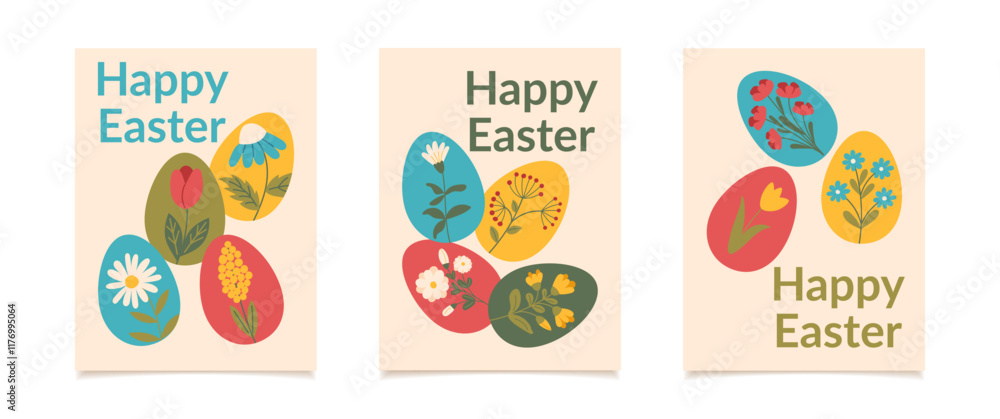 Naklejka premium Set of Easter greeting cards with eggs decorated with flowers. Vector flat style posters. 