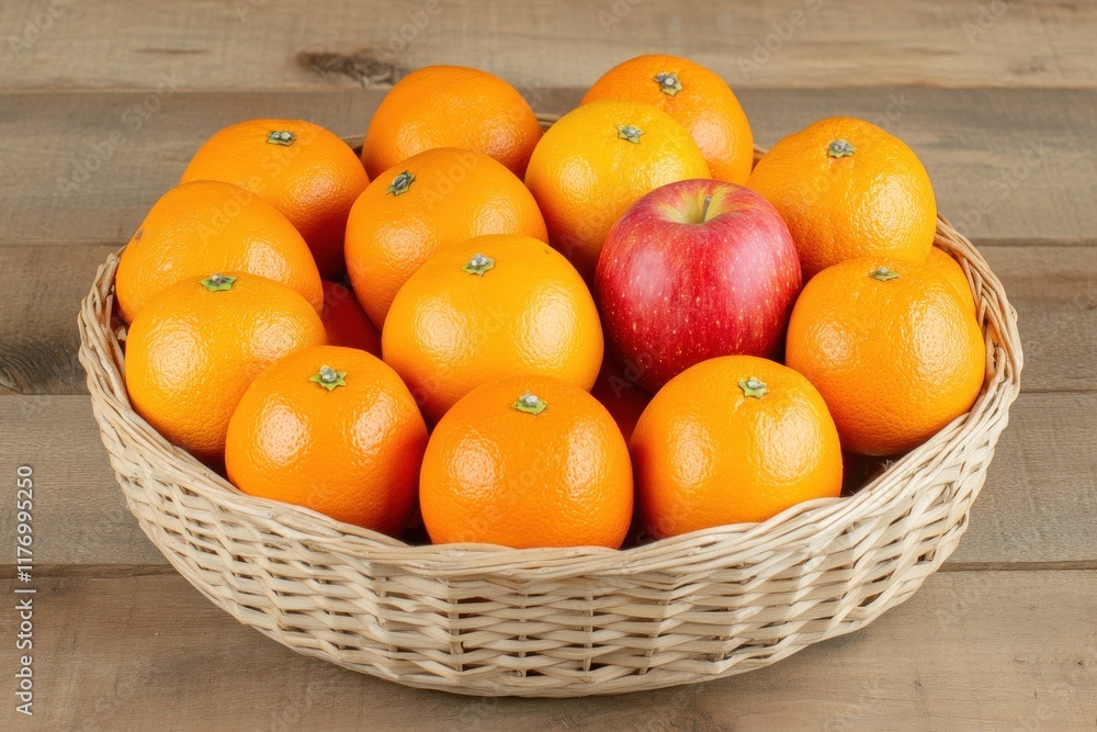 Fresh Apples and Oranges Neatly Arranged in a Woven Basket on a Rustic Wooden Table with Natural Daylight Illumination Fresh Apples and Oranges Neatly Arranged in a Woven Basket on a Rustic Wooden Table with Natural Daylight Illumination