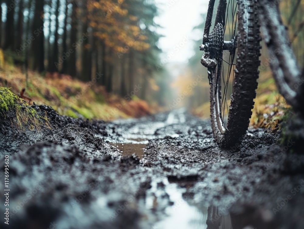Muddy Trail Adventure Cyclist on Forest Path in Autumn Light