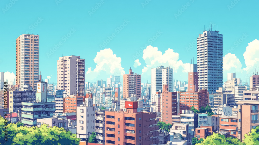 Fototapeta premium 高層ビルがたくさん立ち並ぶ街（イラスト）
