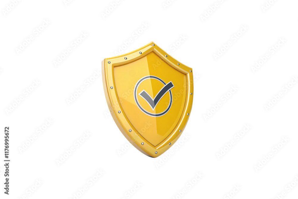 A gold shield outlined with silver, a blue checkmark within, symbolizing reliability, security, and achievement in a sleek, futuristic style, isolated on a transparent background A gold shield outlined with silver, a blue checkmark within, symbolizing reliability, security, and achievement in a sleek, futuristic style, isolated on a transparent background