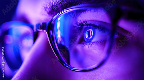 A close-up of eyeglasses, symbolizing customer experience app testing with a focus on UX, featuring violet, white, and blue colors in the background.

