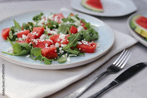 Wallpaper Mural Watermelon and Arugula Salad with Feta Cheese on a Light Plate on Light Grey Background Torontodigital.ca