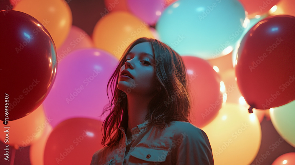 Obraz premium Young woman posing among colorful balloons in a vibrant indoor setting at night