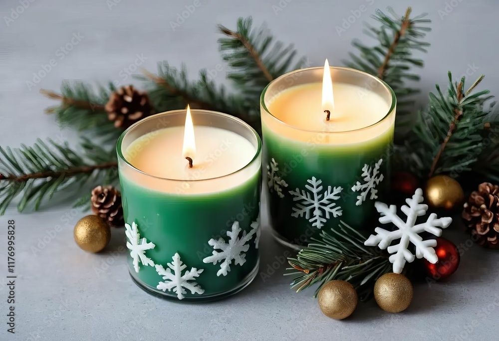 Two soy wax candles in the shape of a Christmas tree and a snowflake, with festive decorations in the background. Two soy wax candles in the shape of a Christmas tree and a snowflake, with festive decorations in the background.