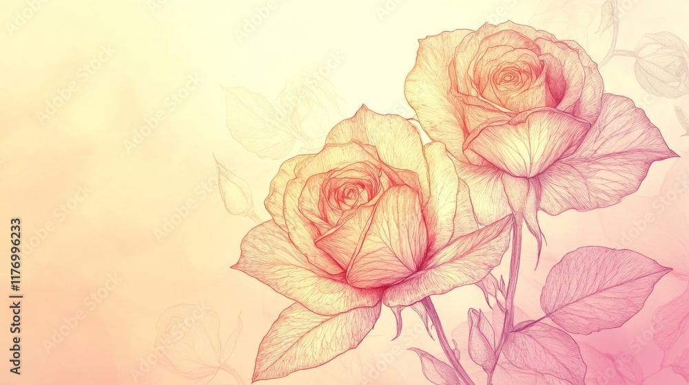 Fototapeta Delicate Roses Drawn in Pastel Hues on a Soft Background