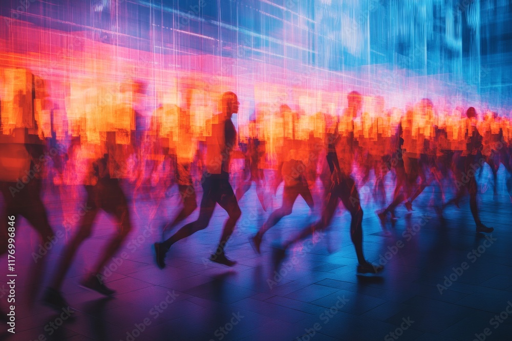 Dynamic Motion Blur of Athletes in Vibrant Glowing Arena Dynamic Motion Blur of Athletes in Vibrant Glowing Arena